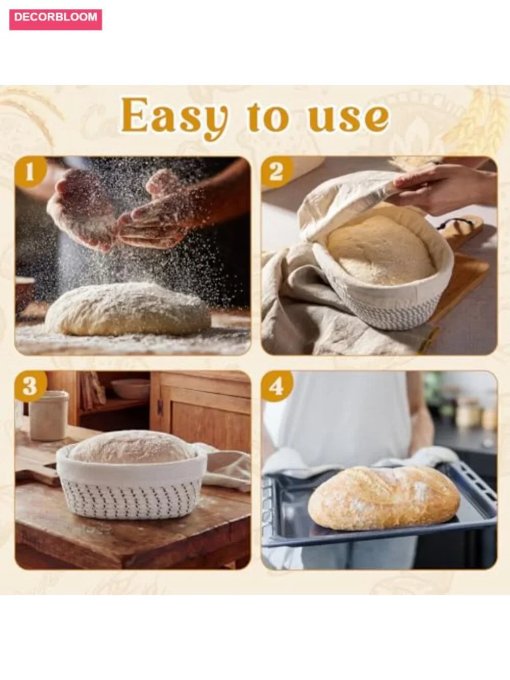 4 Pcs 10 Inch Bread Proofing Basket Set Oval Banneton Cotton Rope with Liners